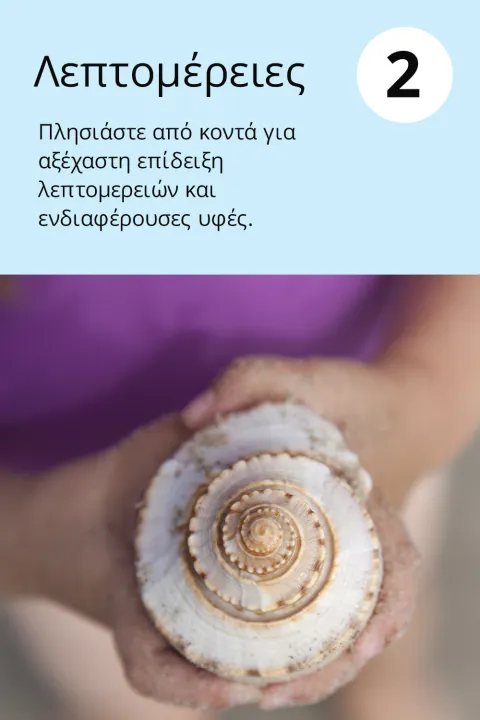 2) Λεπτομέρειες      Πλησιάστε από κοντά για αξέχαστη επίδειξη λεπτομερειών και ενδιαφέρουσες υφές.